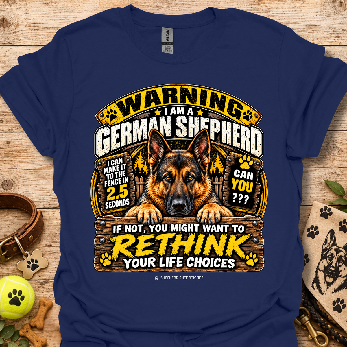 Royal blue T-shirt with German Shepherd warning graphic and “Rethink your life choices” text