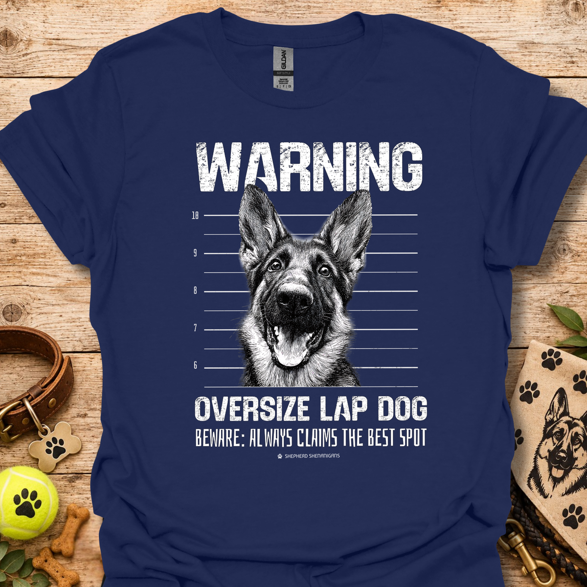 Dog graphic warning T-shirt, navy with German shepherd portrait print