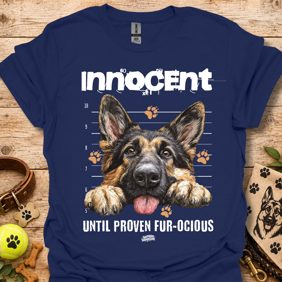 Navy T-shirt with German shepherd graphic and "Until Proven Fur-ocious" slogan