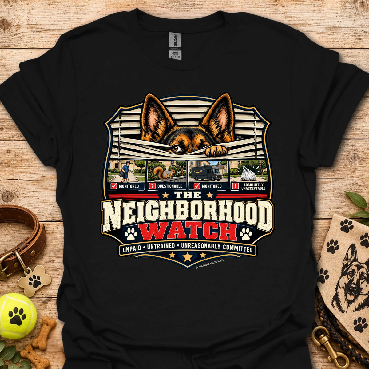 Black unisex t-shirt with Neighborhood Watch dog graphic and badge logo
