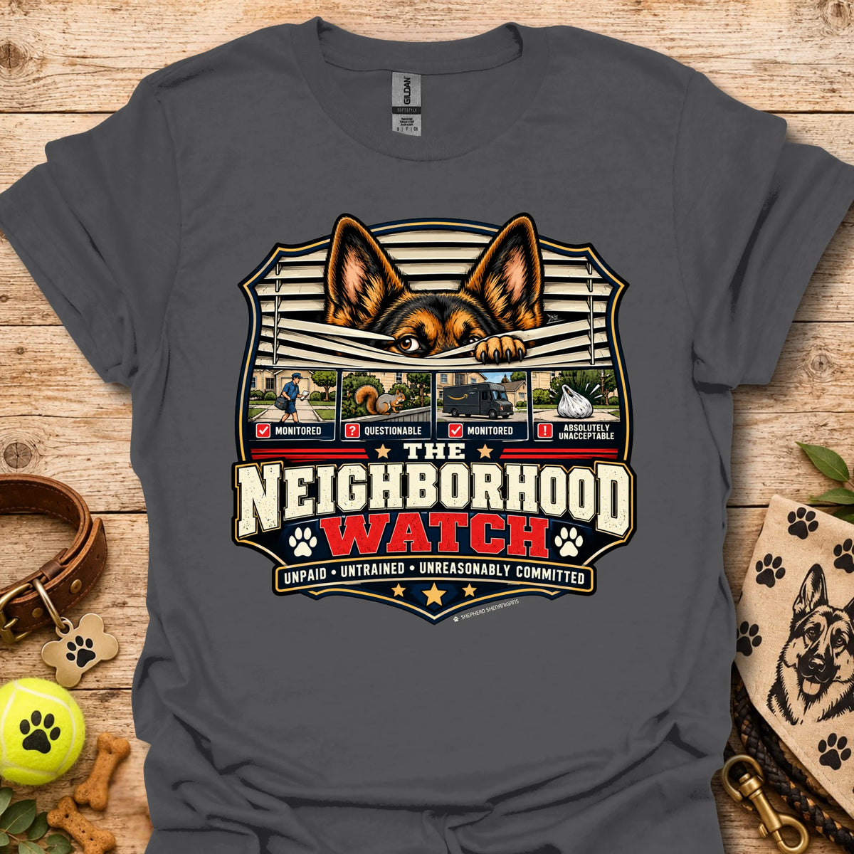 Charcoal unisex t-shirt with Neighborhood Watch dog graphic and badge logo