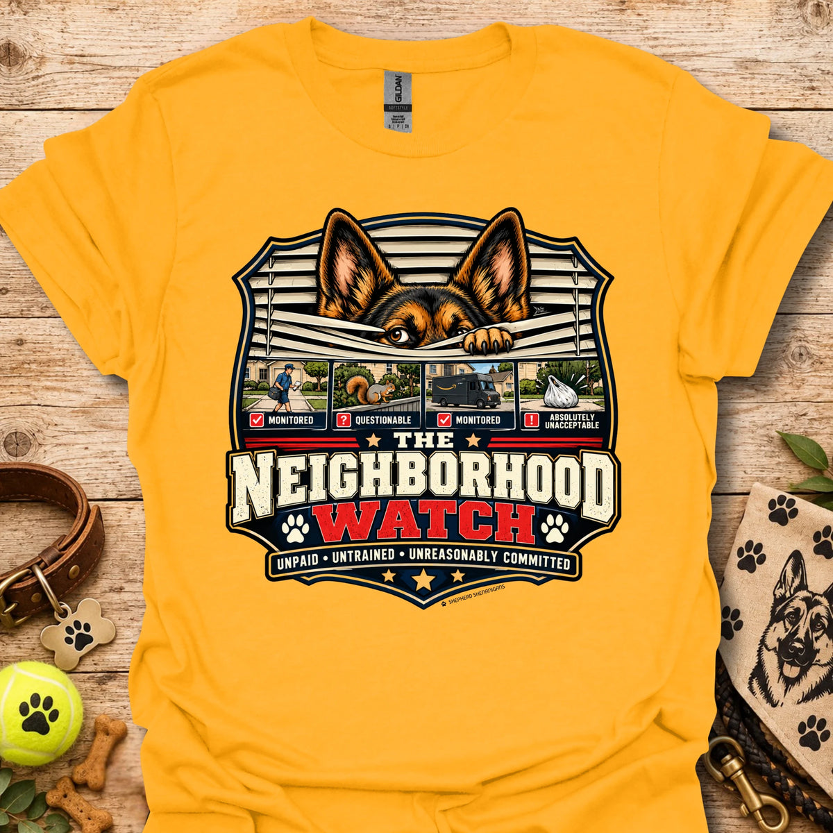 Yellow unisex t-shirt with Neighborhood Watch dog graphic and badge logo