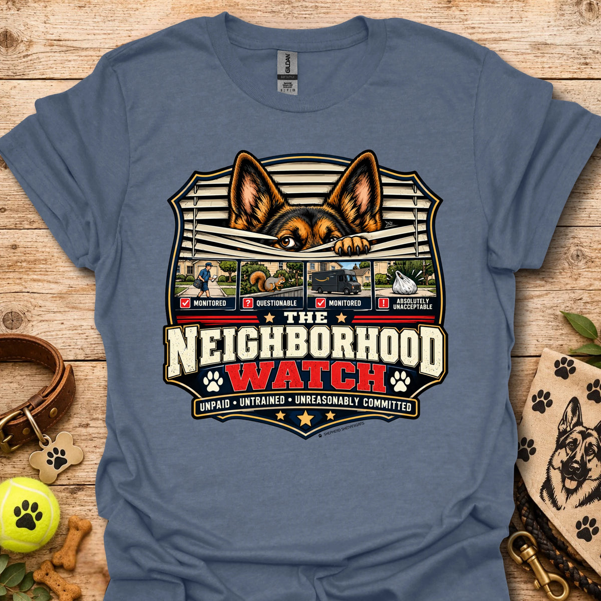 Slate blue unisex t-shirt with Neighborhood Watch dog graphic and badge logo