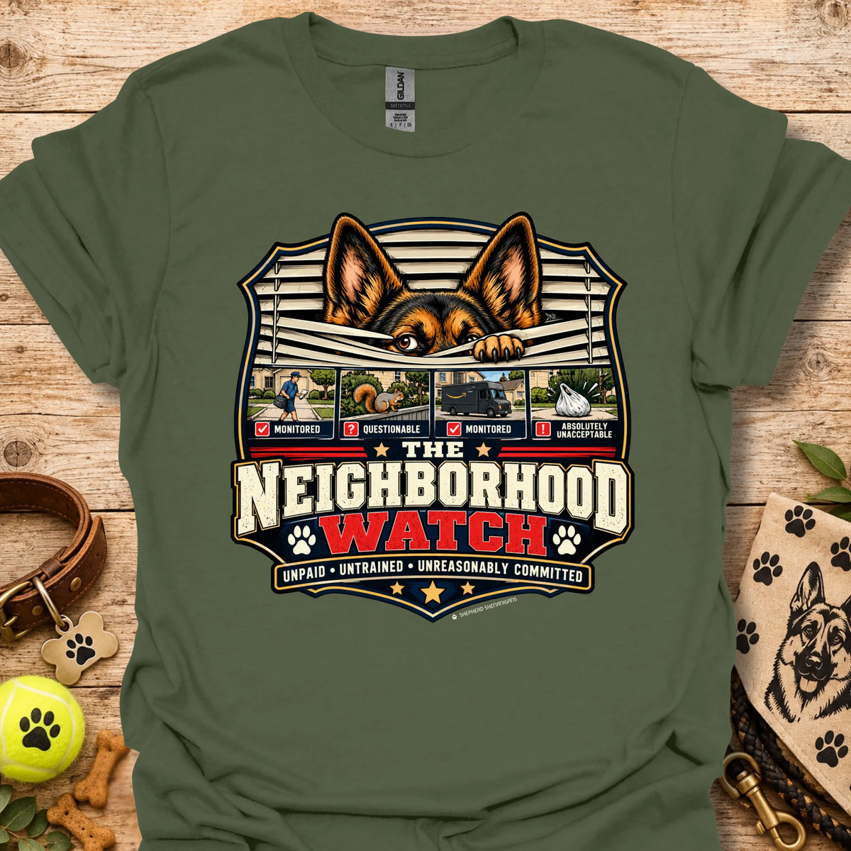 Green unisex t-shirt with Neighborhood Watch dog graphic and badge logo
