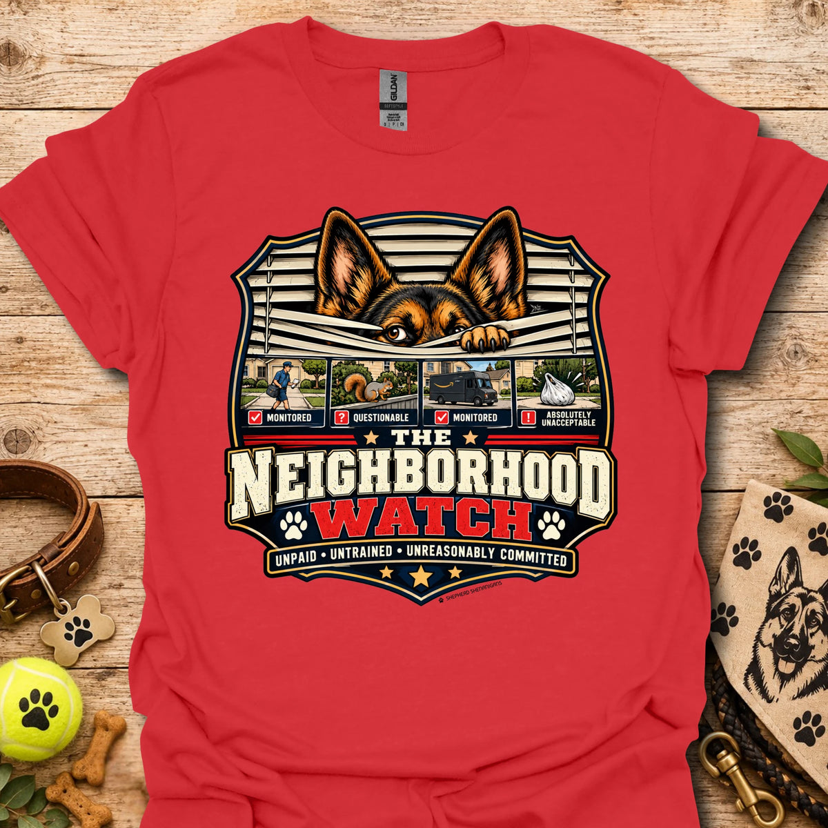 Red unisex t-shirt with Neighborhood Watch dog graphic and badge logo