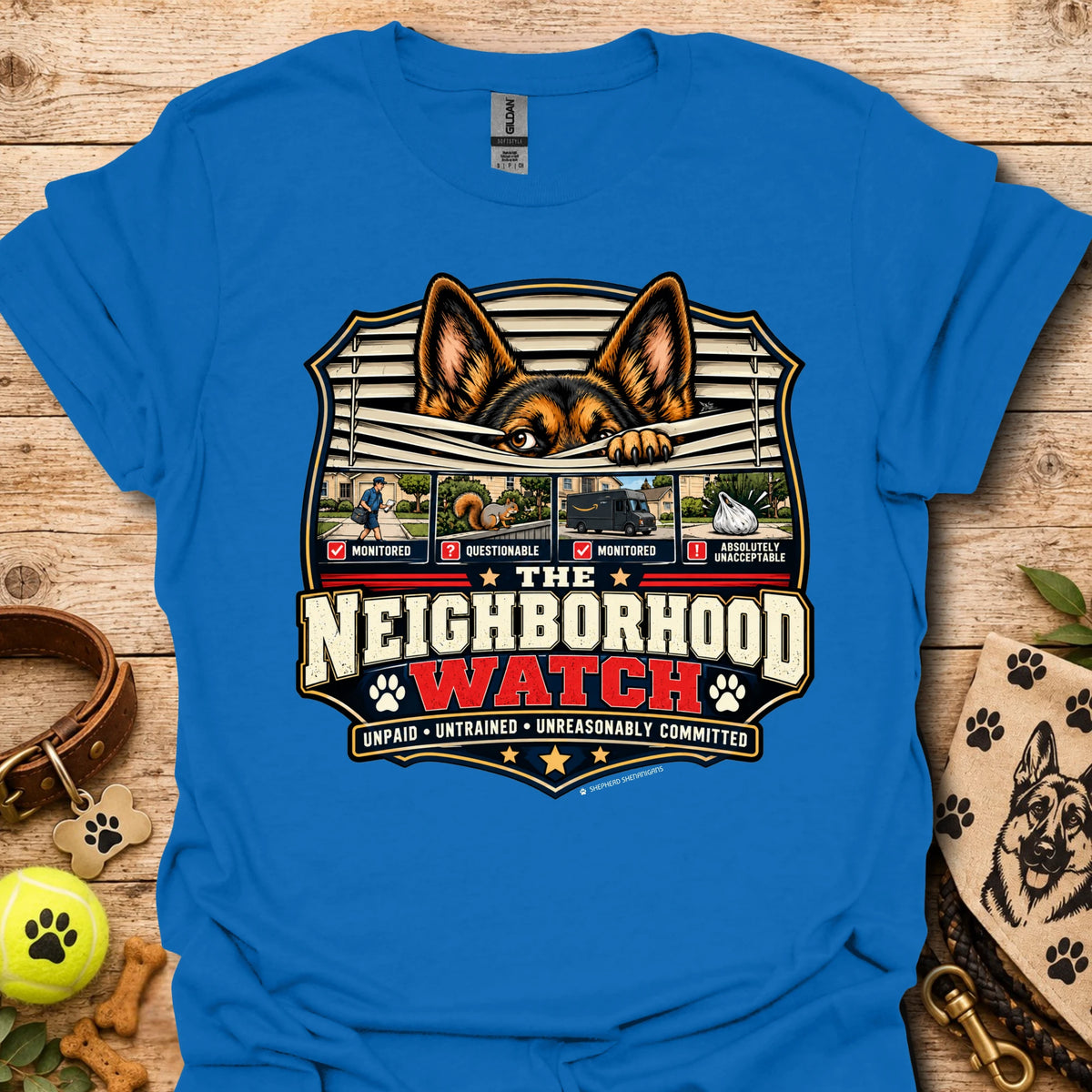 Royal blue unisex t-shirt with Neighborhood Watch dog graphic and badge logo