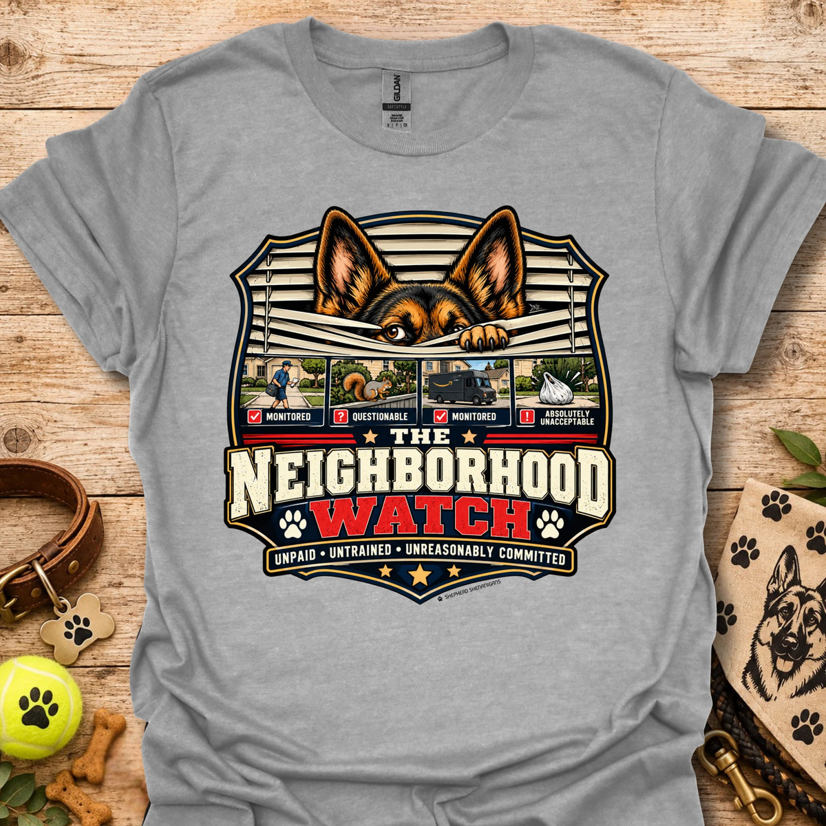 Light gray unisex t-shirt with Neighborhood Watch dog graphic and badge logo