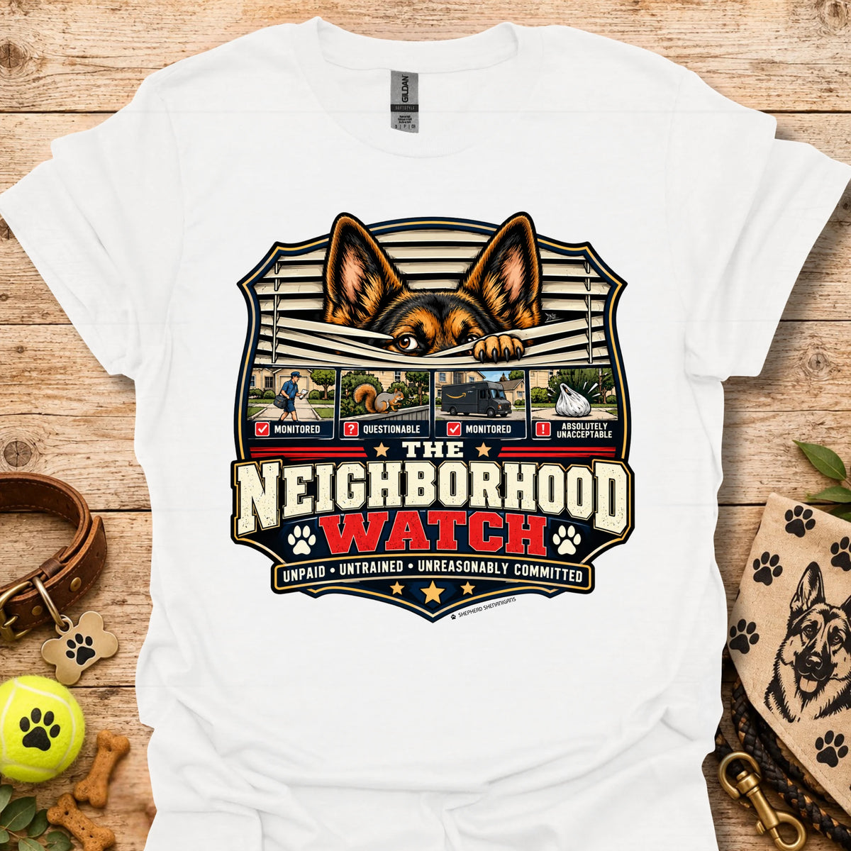 White unisex t-shirt with Neighborhood Watch dog graphic and badge logo