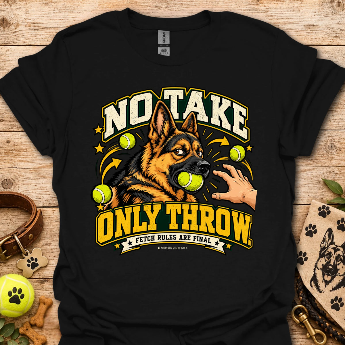 Black T-shirt with “NO TAKE ONLY THROW” dog-and-tennis-ball graphic