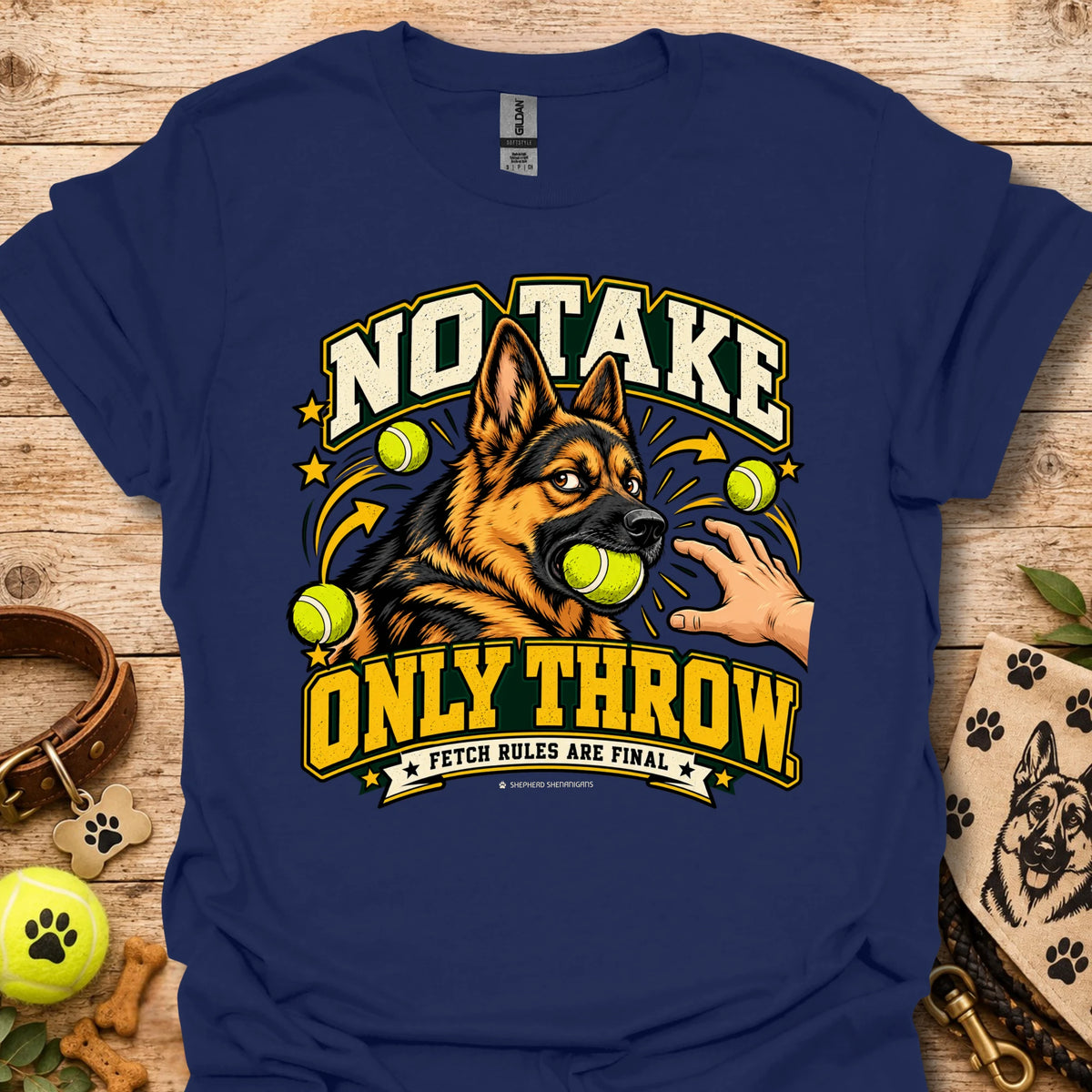 Royal blue T-shirt with “NO TAKE ONLY THROW” dog-and-tennis-ball graphic