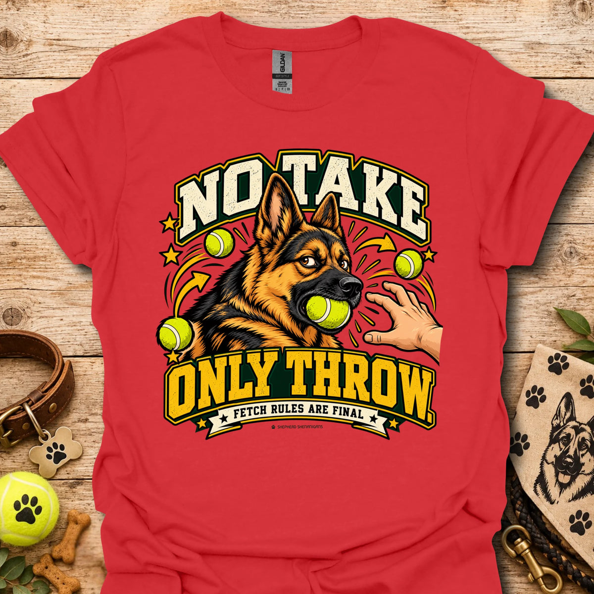 Red T-shirt with “NO TAKE ONLY THROW” dog-and-tennis-ball graphic