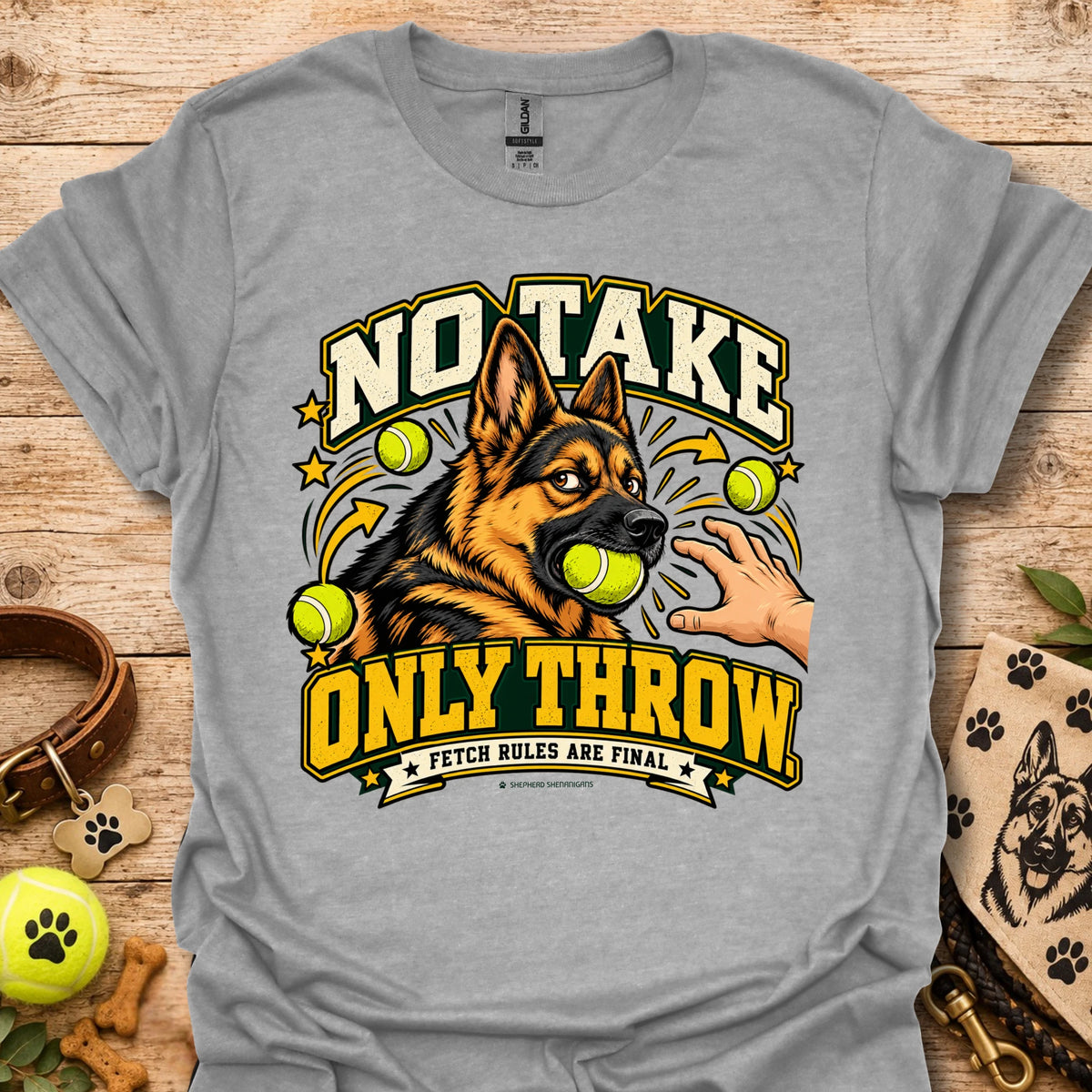 Sport grey T-shirt with “NO TAKE ONLY THROW” dog-and-tennis-ball graphic
