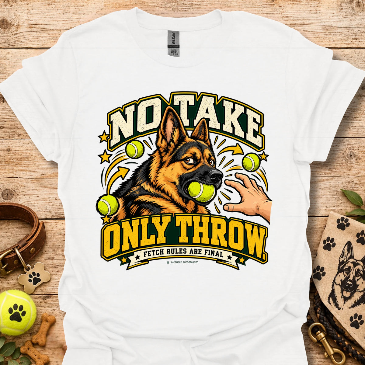 White T-shirt with “NO TAKE ONLY THROW” dog-and-tennis-ball graphic