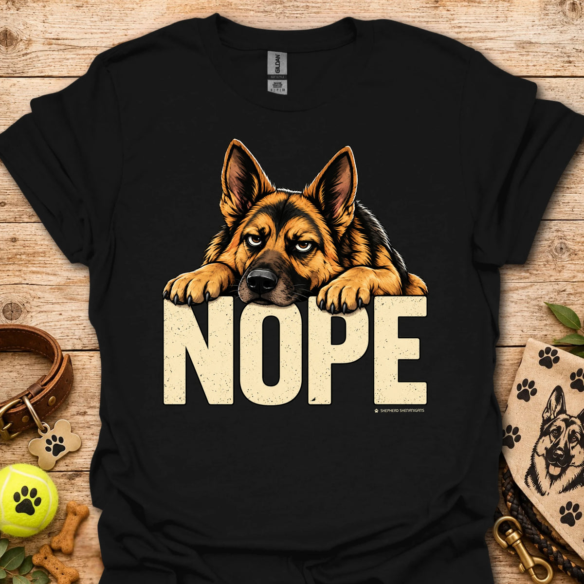 Black dog graphic t-shirt with “NOPE” text and German shepherd face front print