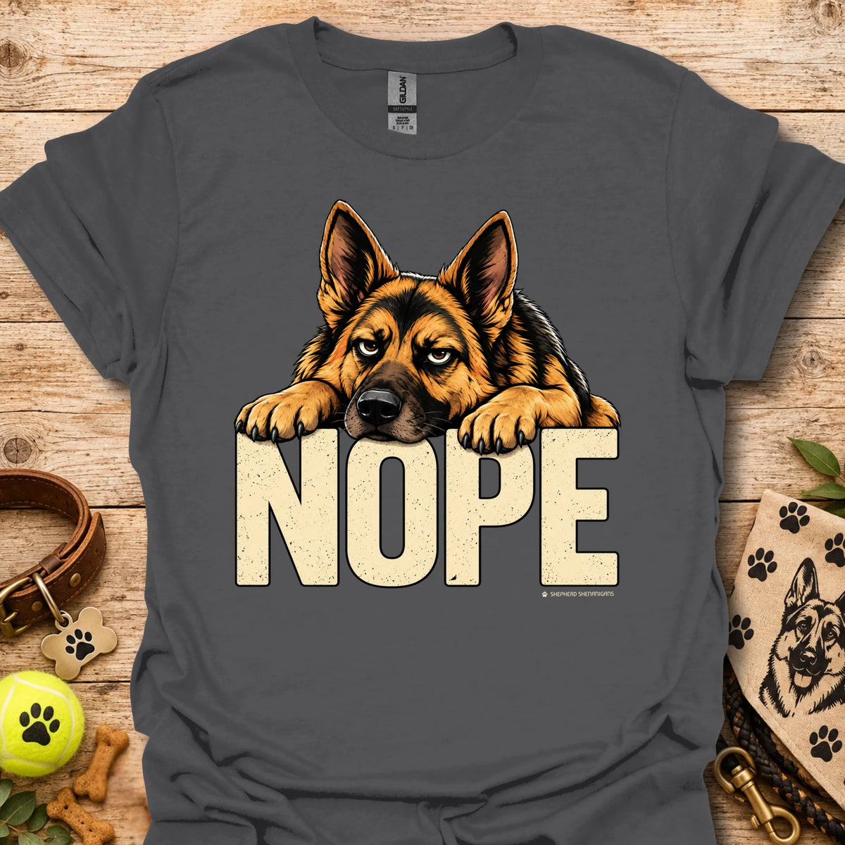 Charcoal dog graphic t-shirt with “NOPE” text and German shepherd face front print