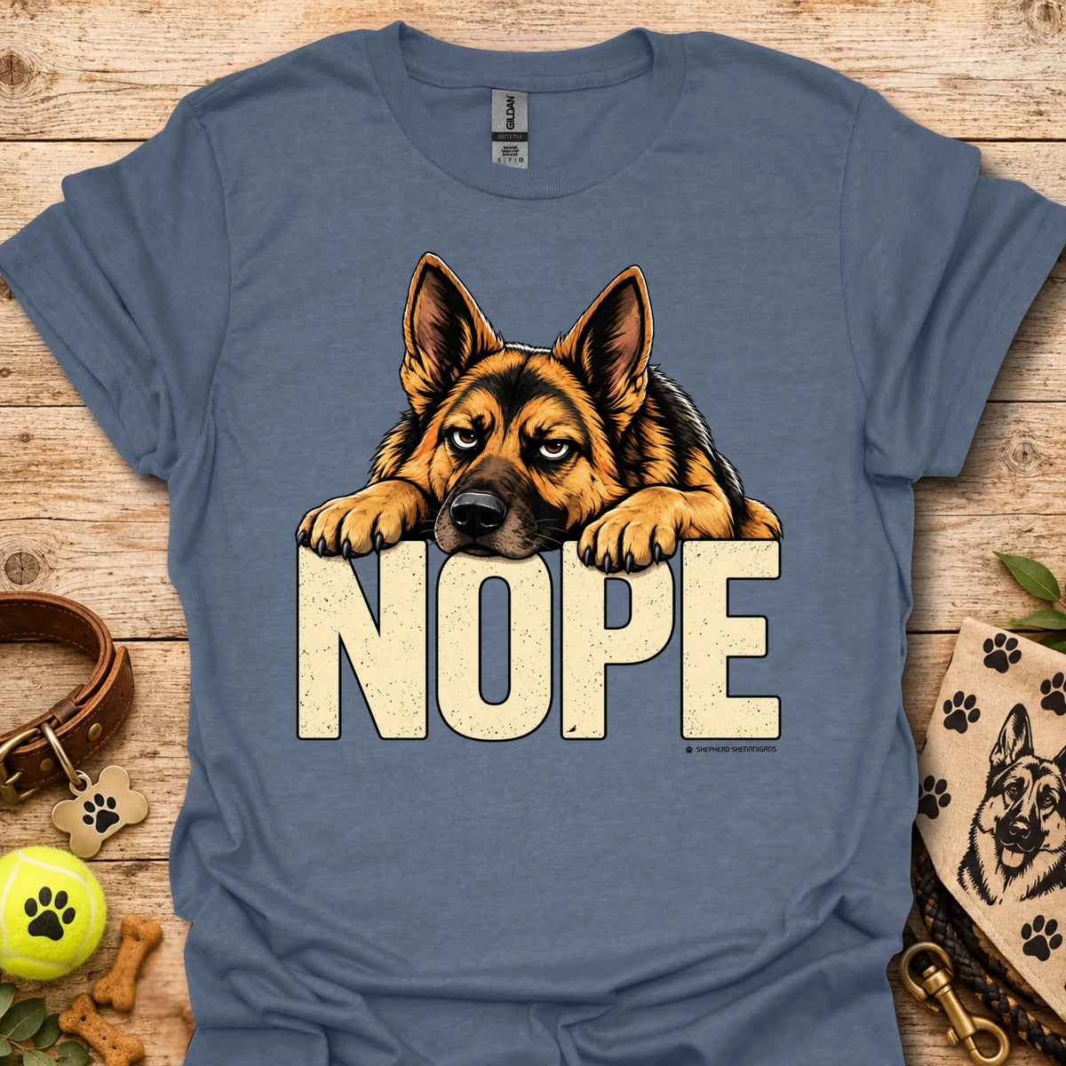 Blue dog graphic t-shirt with “NOPE” text and German shepherd face front print