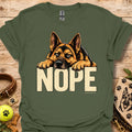Military green dog graphic t-shirt with “NOPE” text and German shepherd face front print
