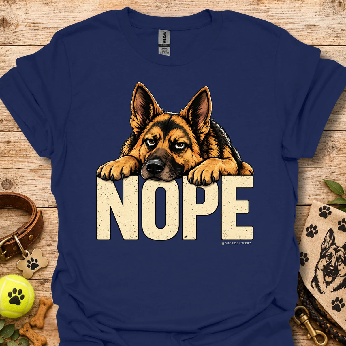 Royal blue dog graphic t-shirt with “NOPE” text and German shepherd face front print