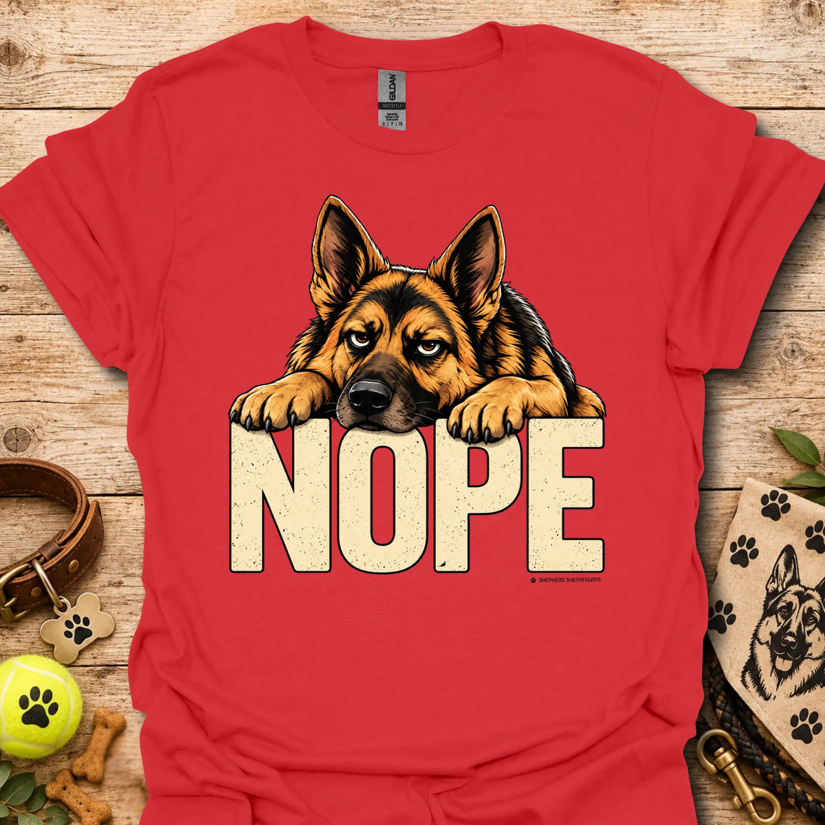 Red dog graphic t-shirt with “NOPE” text and German shepherd face front print