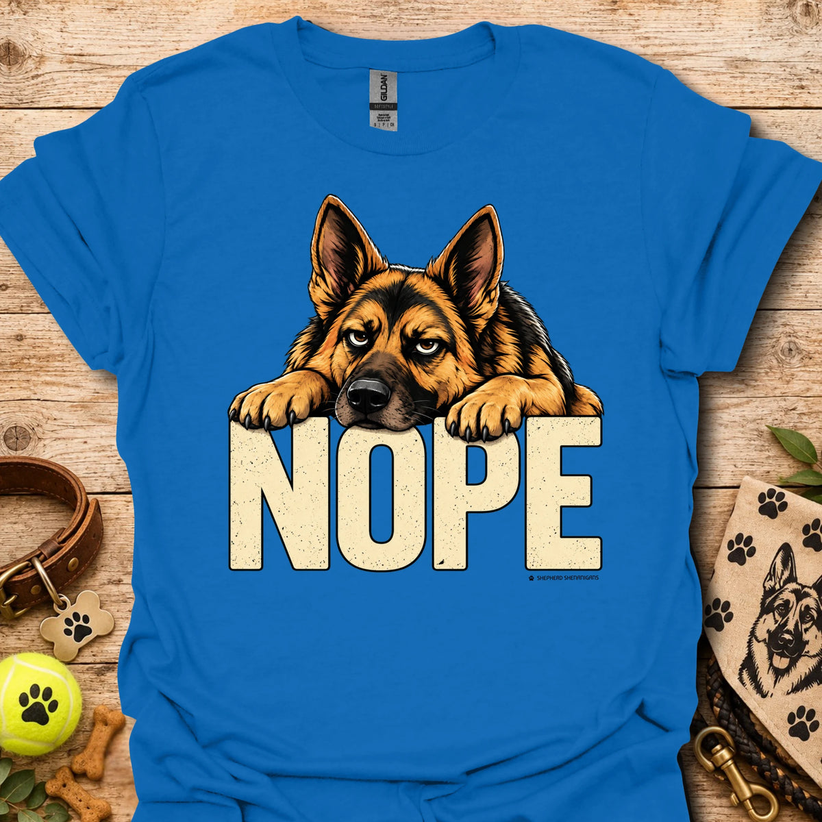 Blue dog graphic t-shirt with “NOPE” text and German shepherd face front print