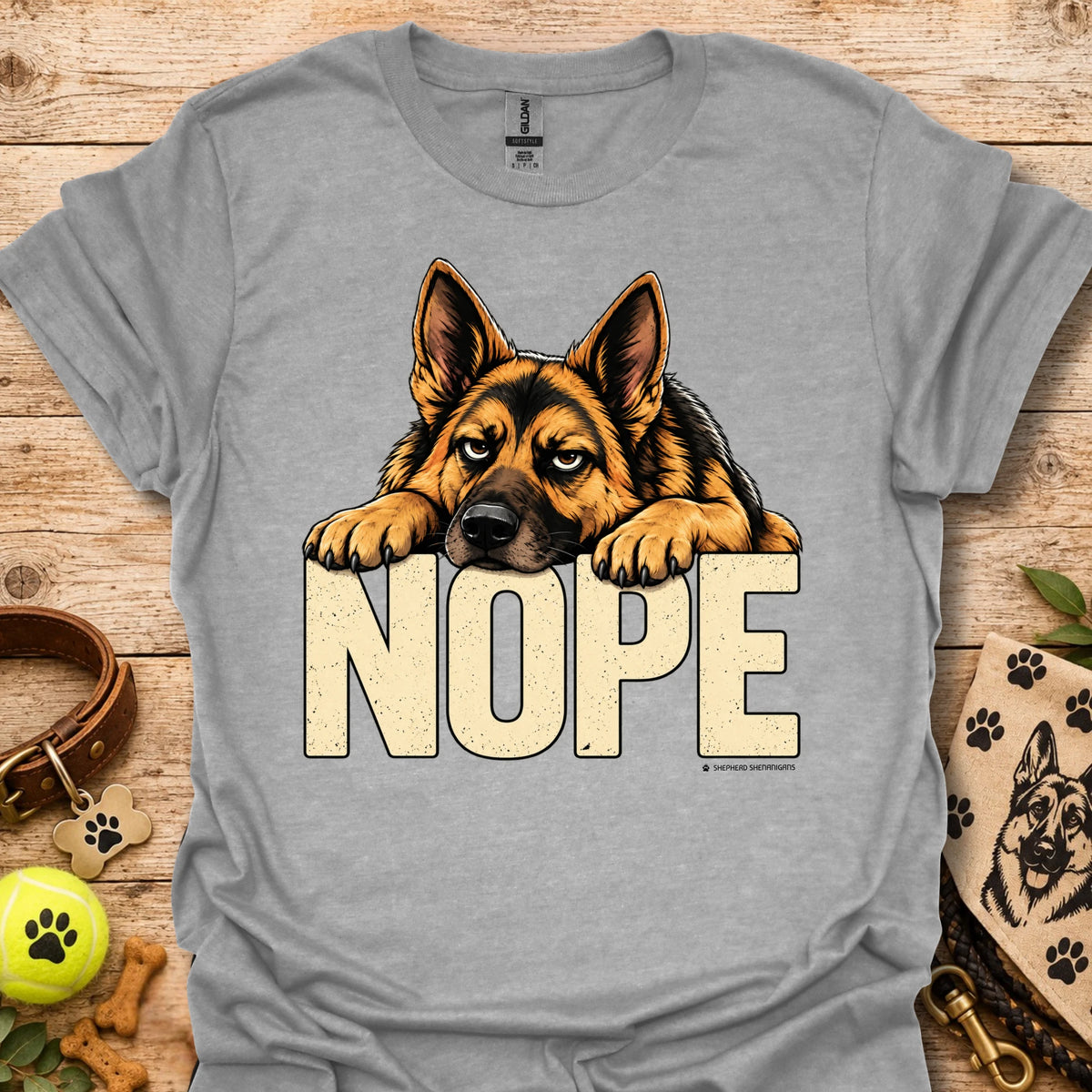 Heather grey dog graphic t-shirt with “NOPE” text and German shepherd face front print