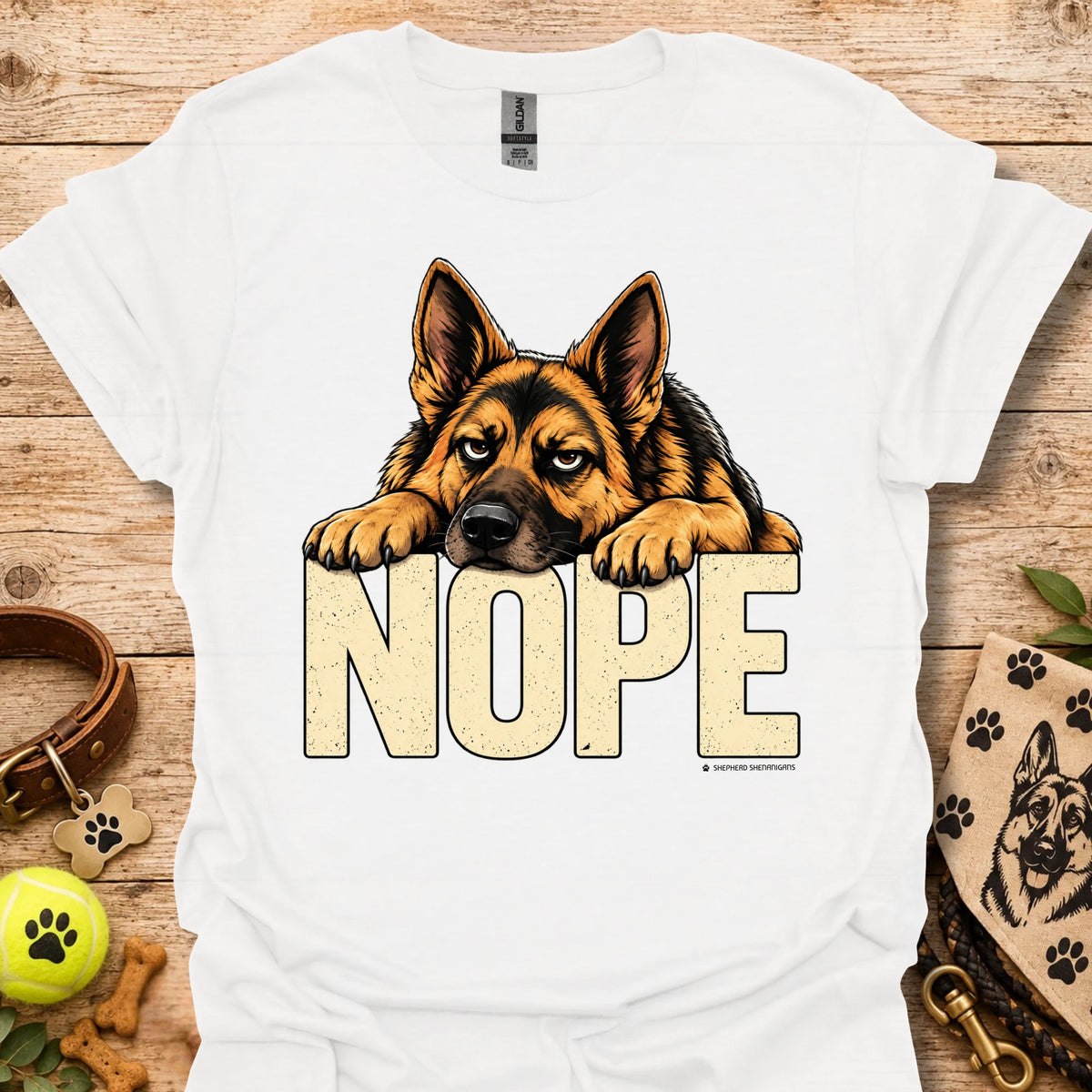 White dog graphic t-shirt with “NOPE” text and German shepherd face front print
