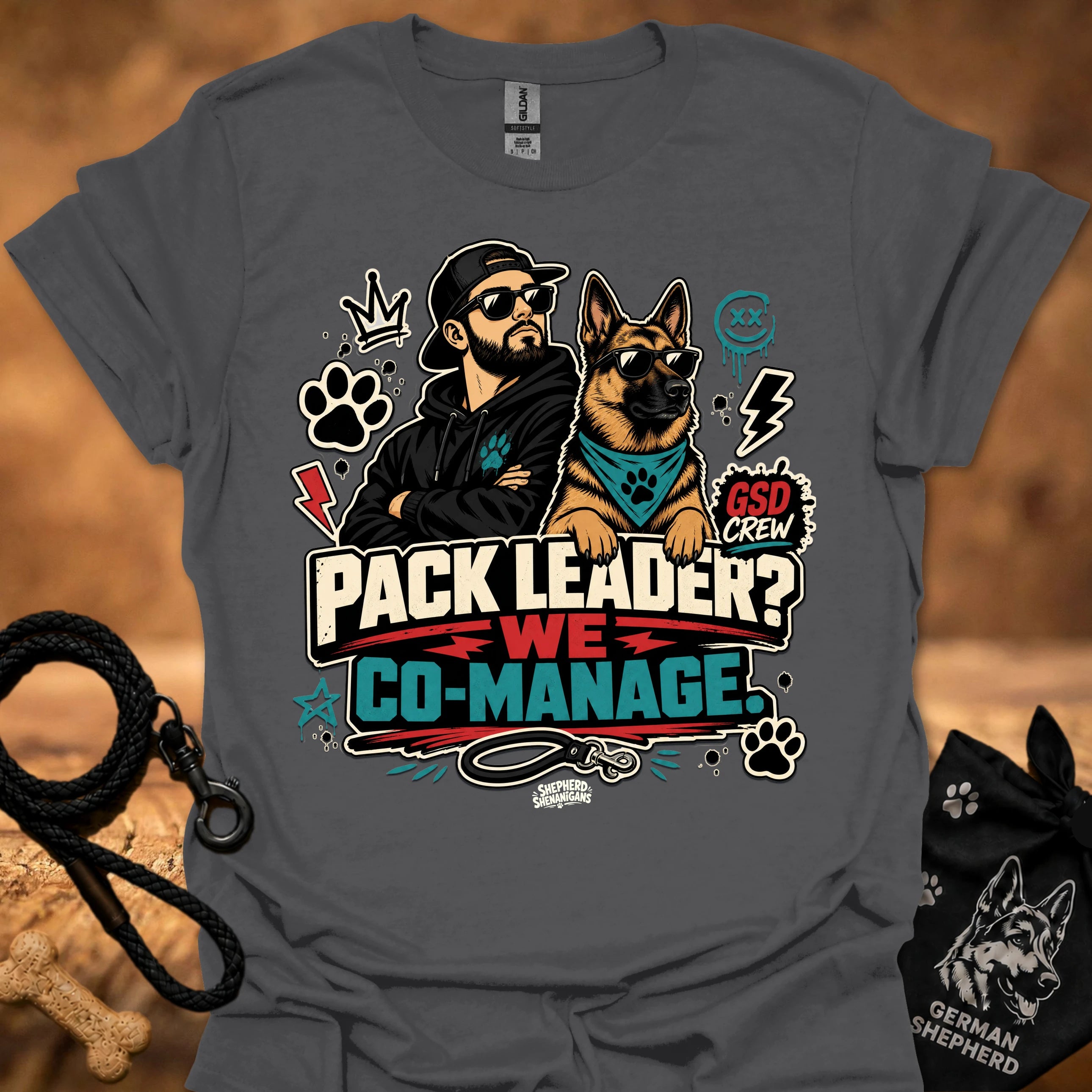 Sport gray crew-neck short-sleeve T-shirt with illustrated dog-and-man graphic and “Co-Manage” text