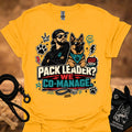 Gold crew-neck short-sleeve T-shirt with illustrated dog-and-man graphic and “Co-Manage” text