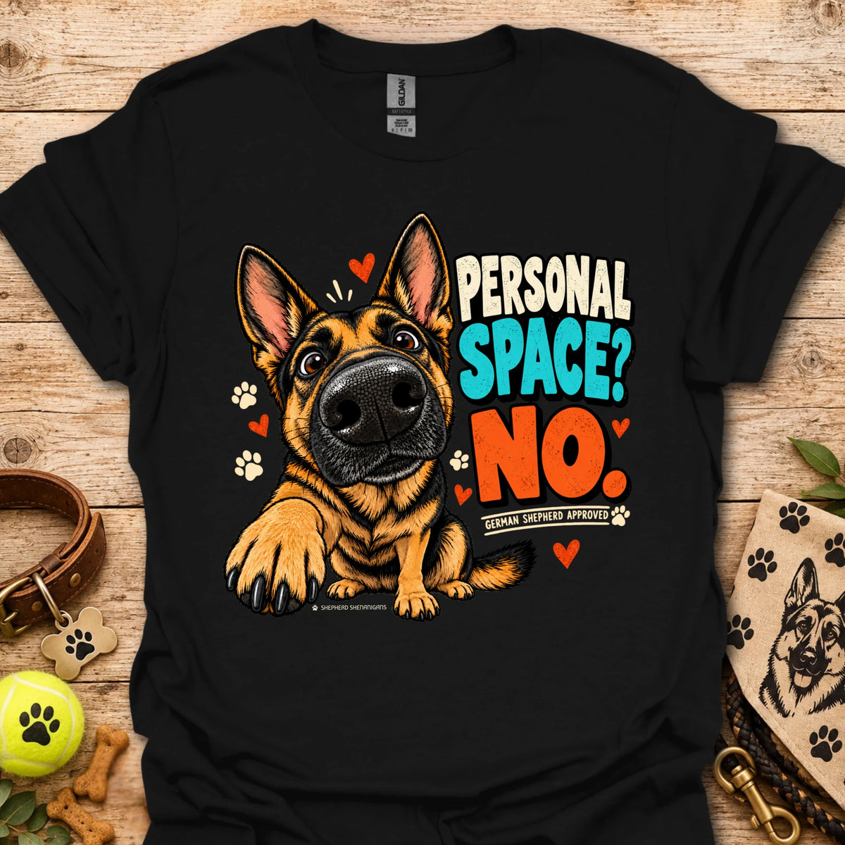 Black crewneck t-shirt with German shepherd “Personal Space? No” front graphic