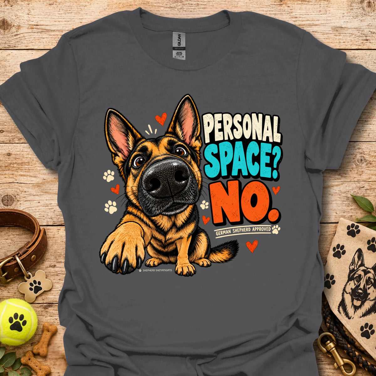 Charcoal crewneck t-shirt with German shepherd “Personal Space? No” front graphic
