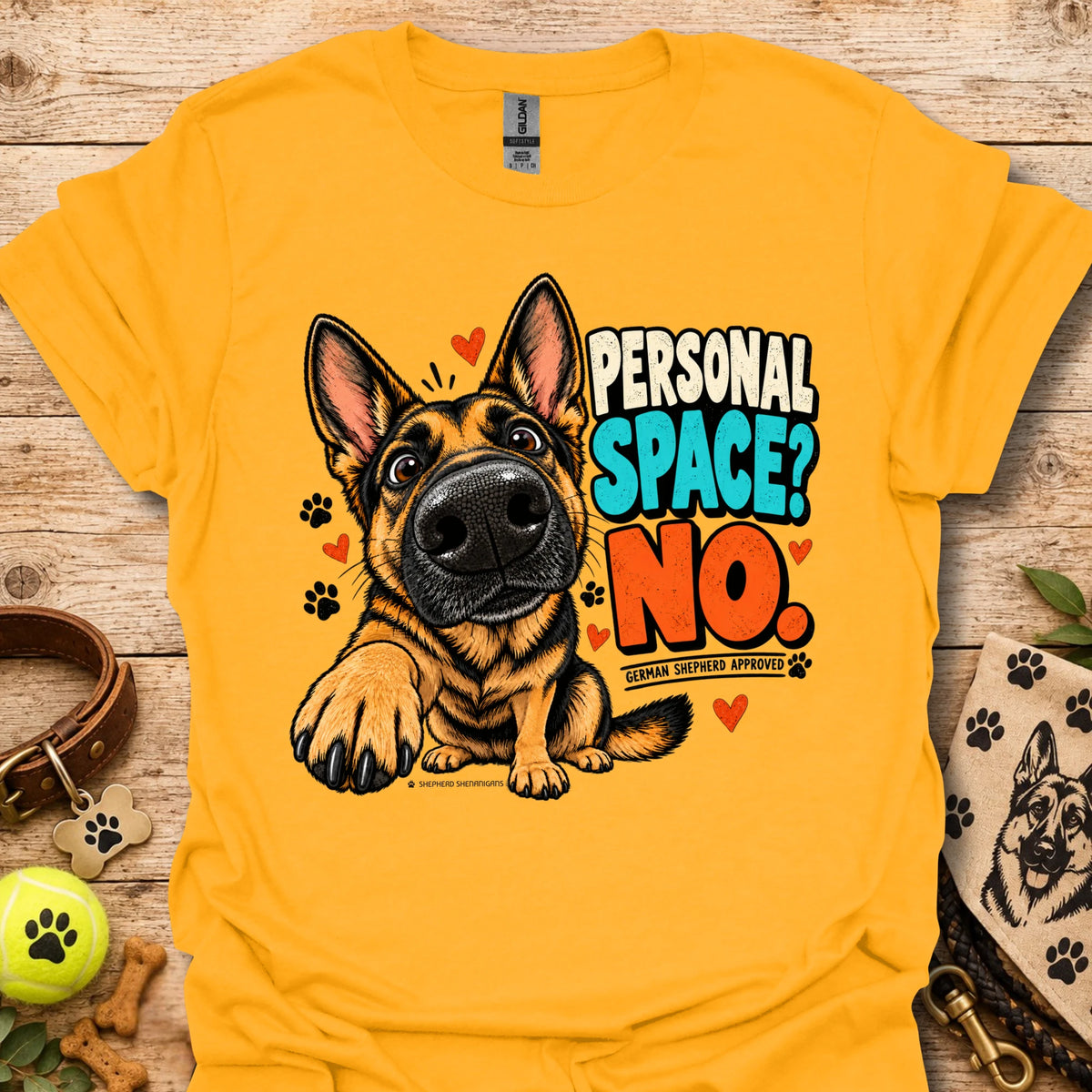 Golden yellow crewneck t-shirt with German shepherd “Personal Space? No” front graphic