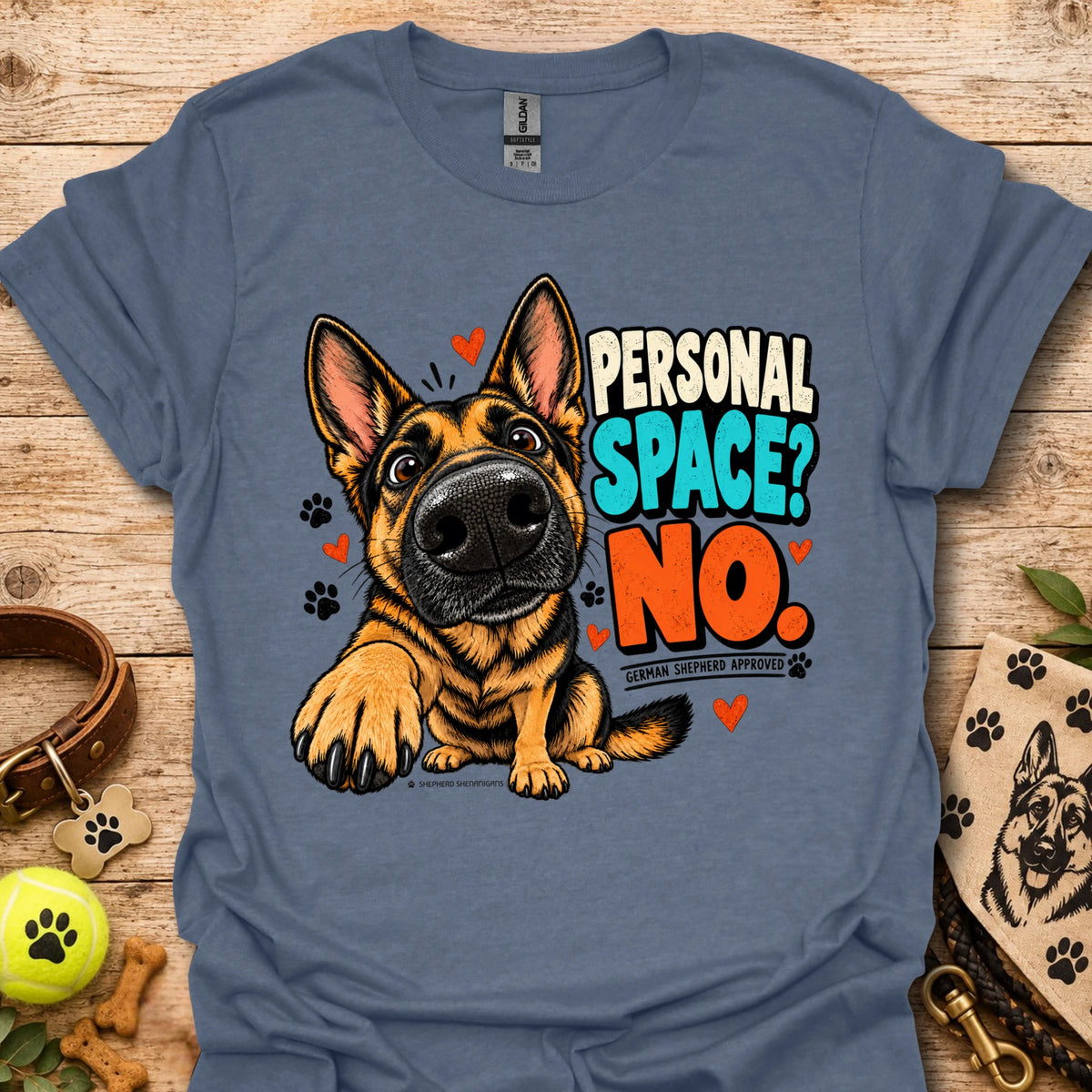 Blue crewneck t-shirt with German shepherd “Personal Space? No” front graphic