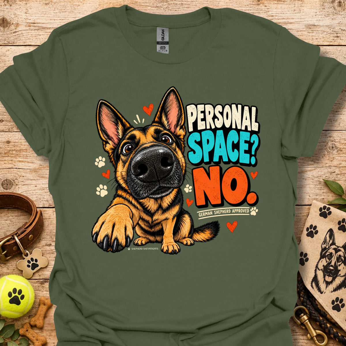 Military green crewneck t-shirt with German shepherd “Personal Space? No” front graphic