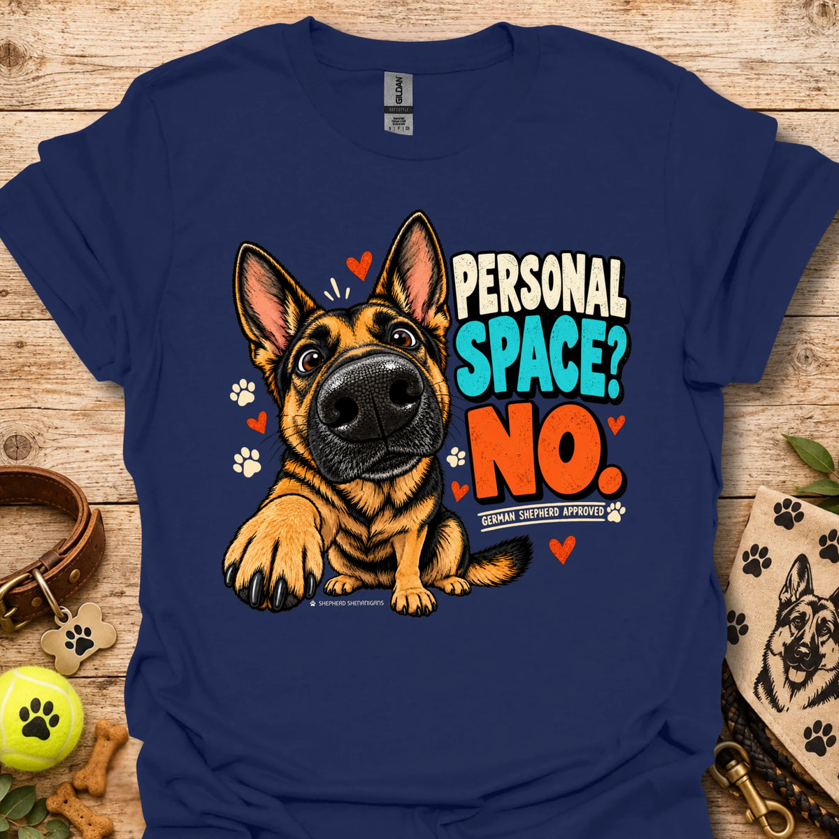 Navy crewneck t-shirt with German shepherd “Personal Space? No” front graphic