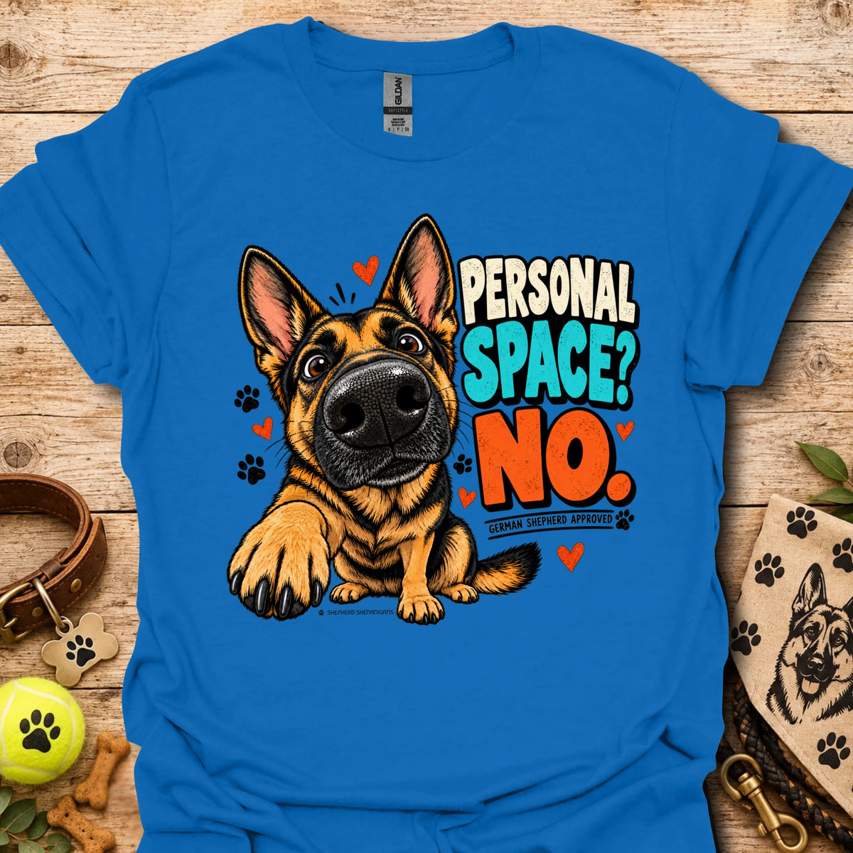 Royal blue crewneck t-shirt with German shepherd “Personal Space? No” front graphic