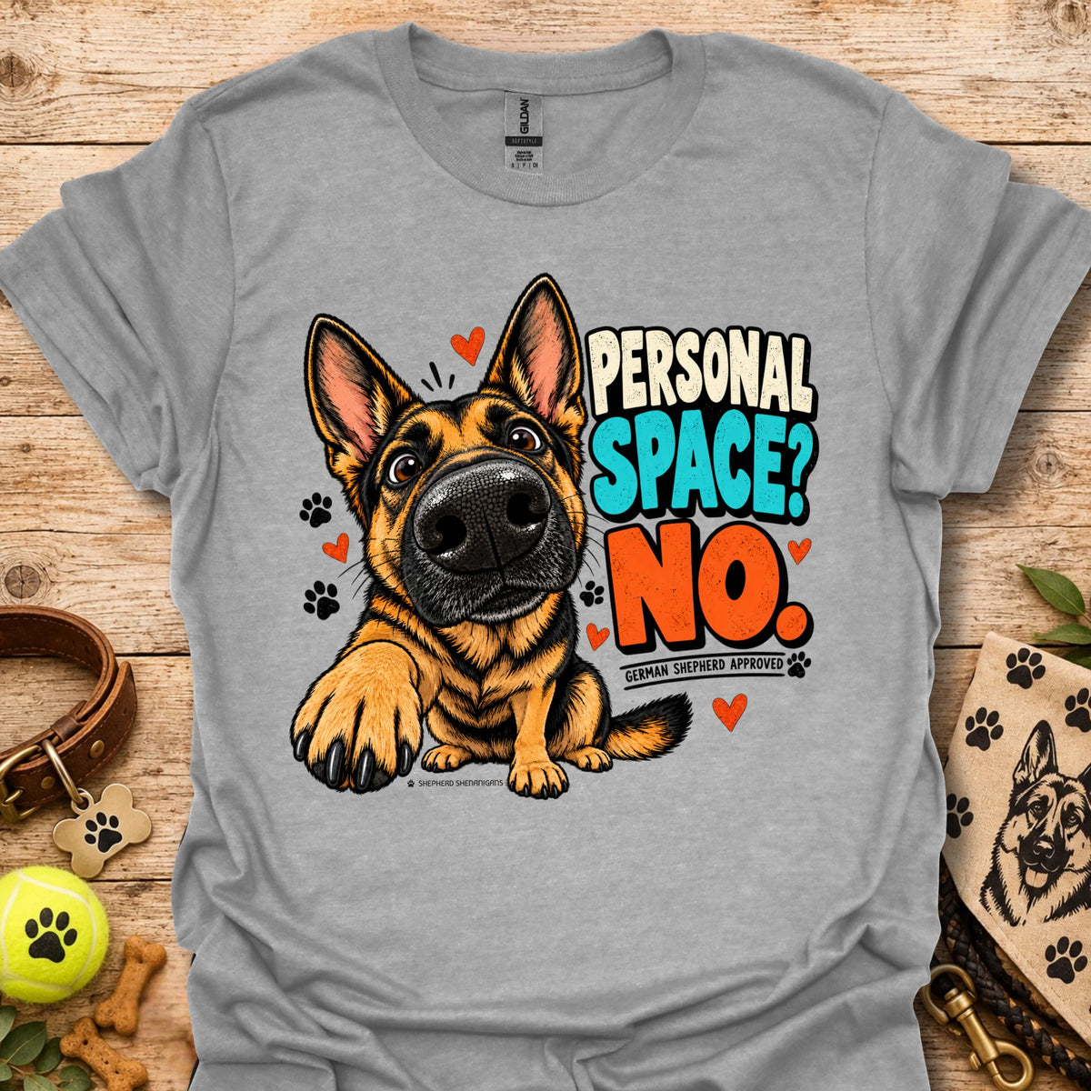 Sport grey crewneck t-shirt with German shepherd “Personal Space? No” front graphic