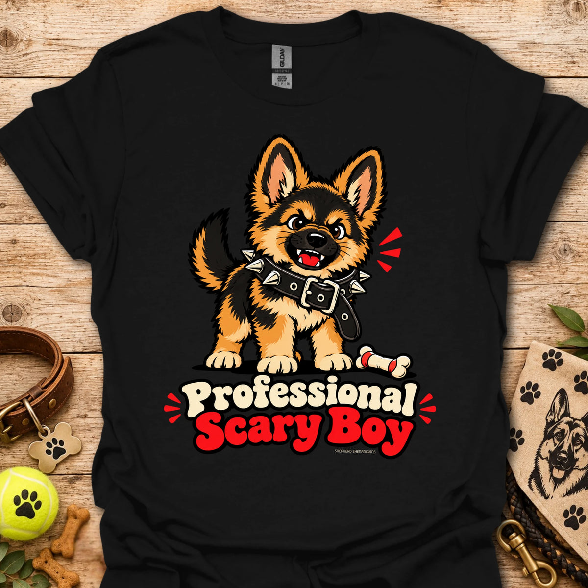 Black T-shirt with cartoon dog graphic and “Professional Scary Boy” text