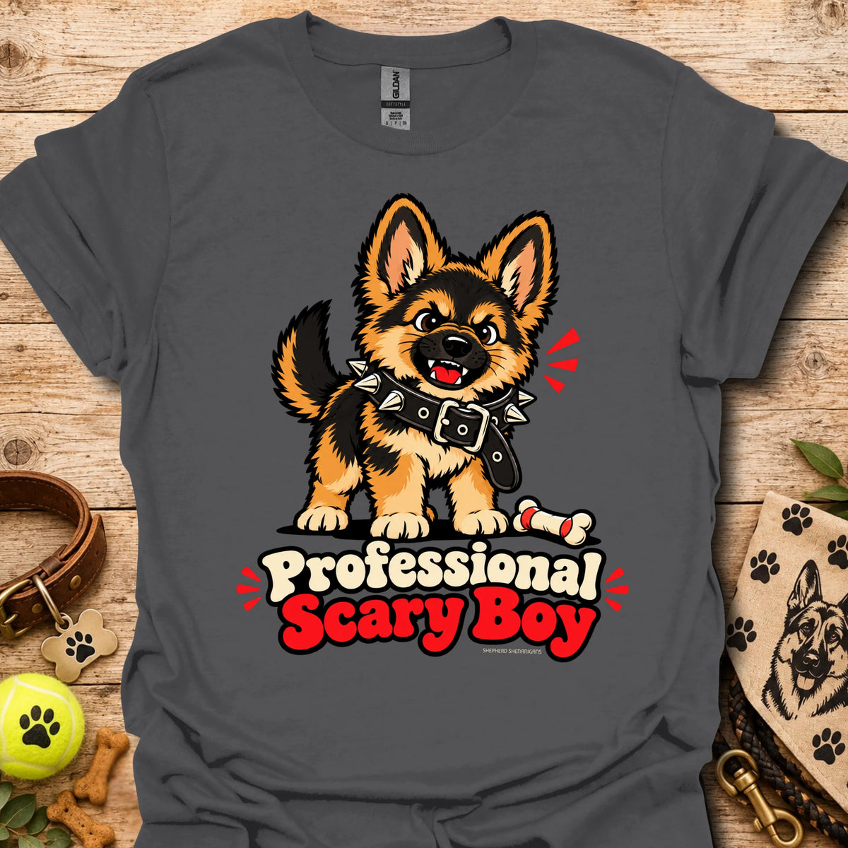 Charcoal T-shirt with cartoon dog graphic and “Professional Scary Boy” text