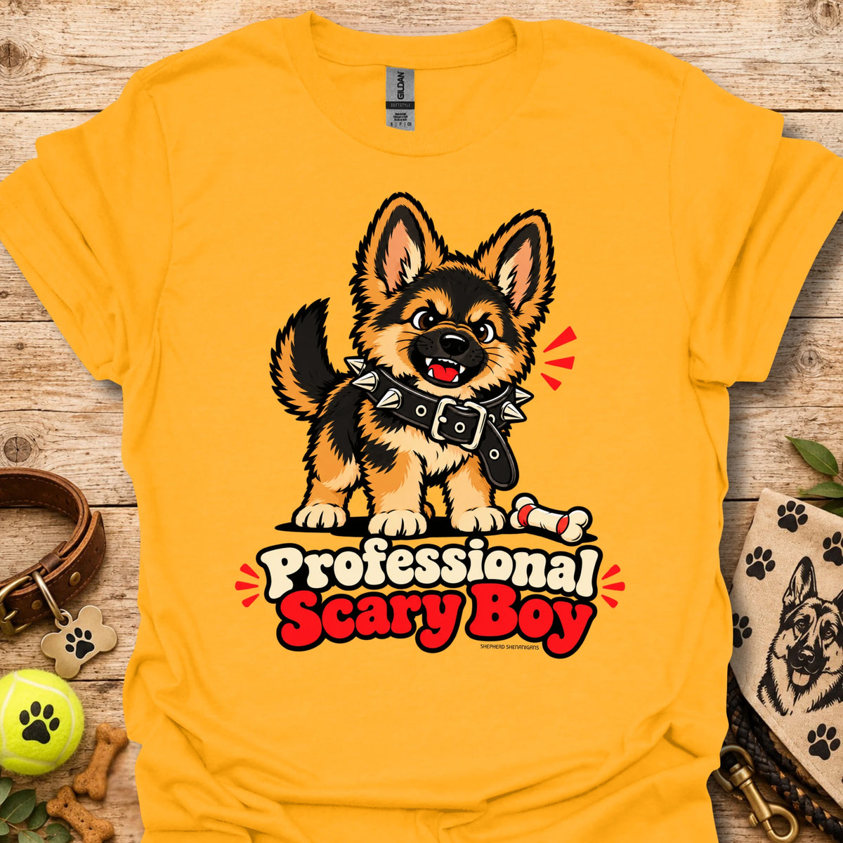 Yellow T-shirt with cartoon dog graphic and “Professional Scary Boy” text