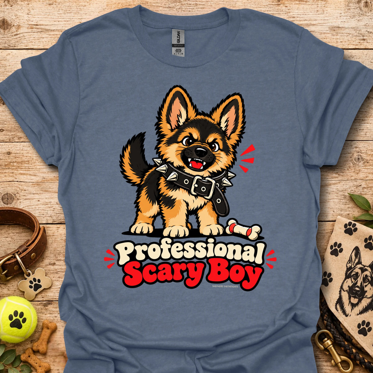 Navy T-shirt with cartoon dog graphic and “Professional Scary Boy” text