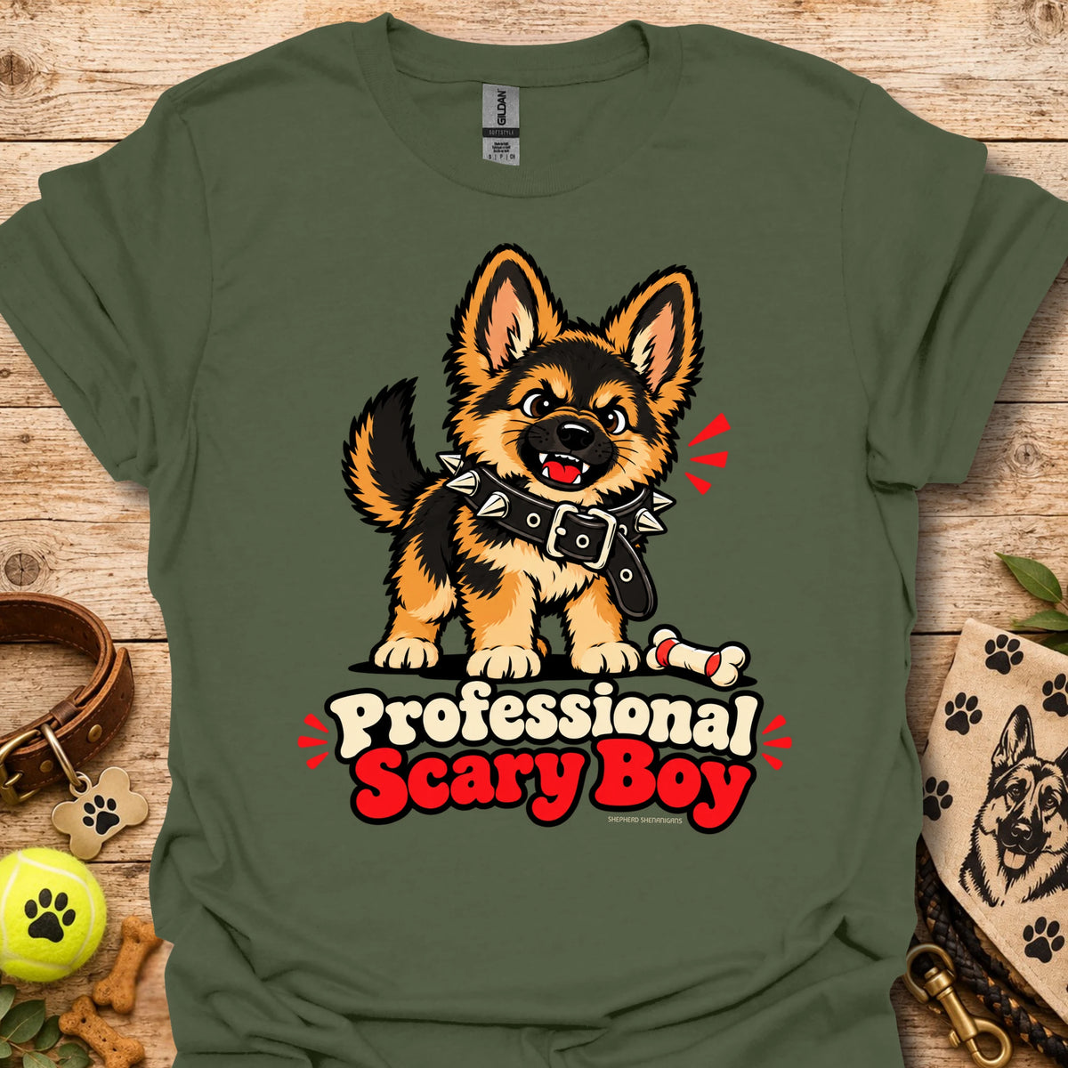 Military green T-shirt with cartoon dog graphic and “Professional Scary Boy” text