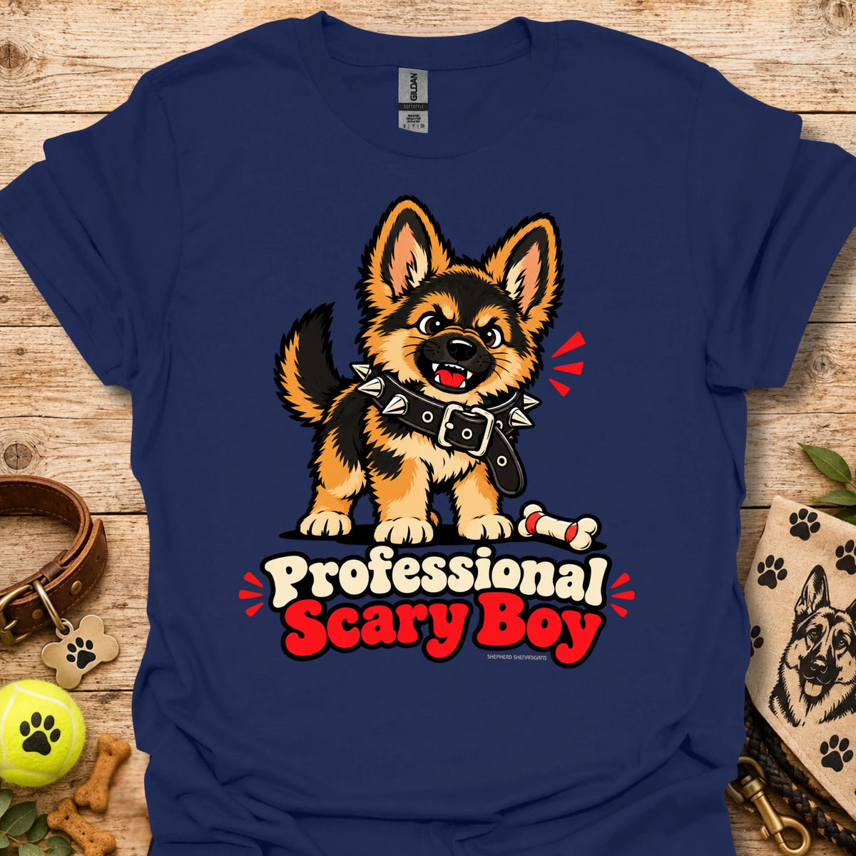 Heathered indigo T-shirt with cartoon dog graphic and “Professional Scary Boy” text