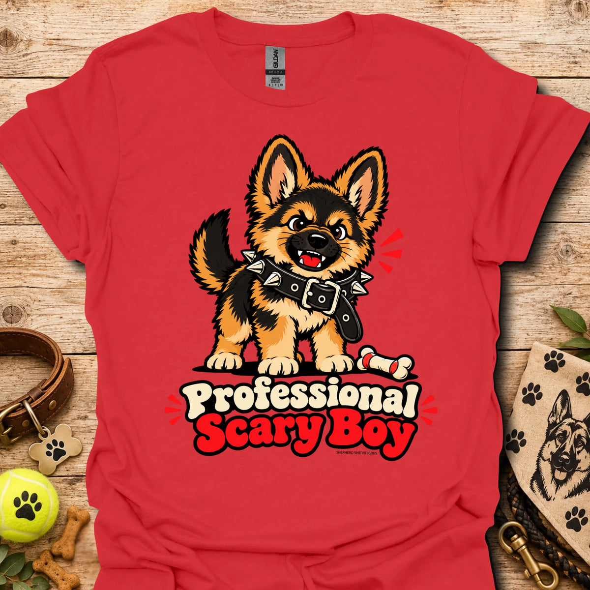 Red T-shirt with cartoon dog graphic and “Professional Scary Boy” text