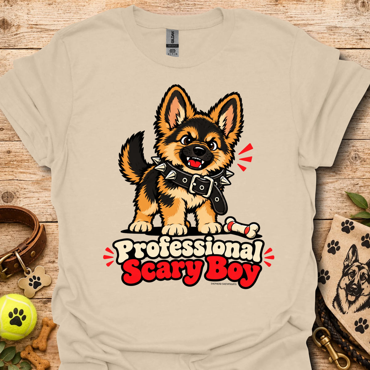 Sand T-shirt with cartoon dog graphic and “Professional Scary Boy” text