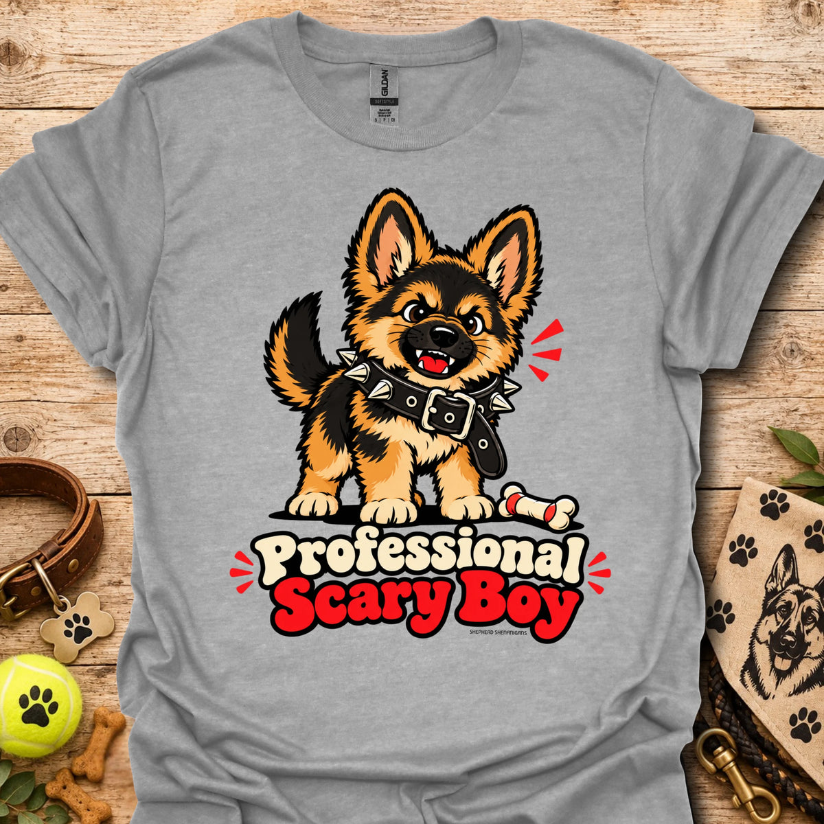 Sport grey T-shirt with cartoon dog graphic and “Professional Scary Boy” text