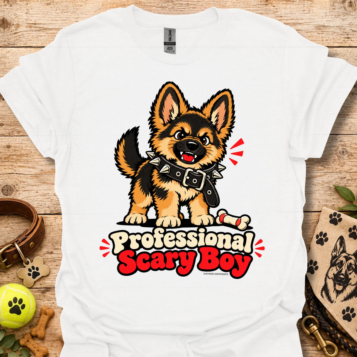 White T-shirt with cartoon dog graphic and “Professional Scary Boy” text