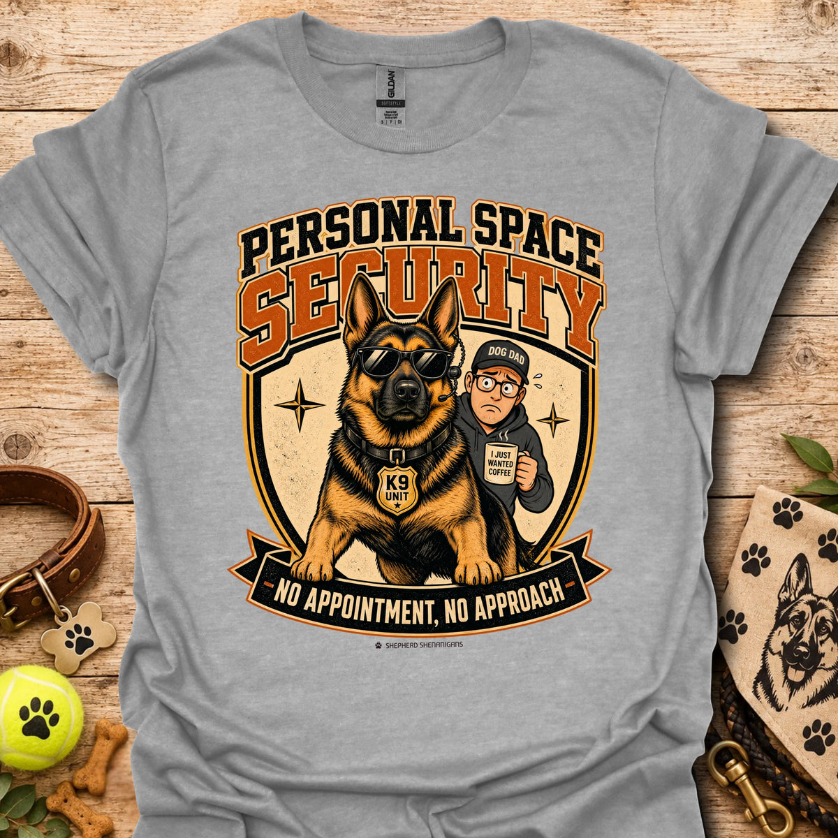 Sport grey T-shirt with a security dog and handler graphic and bold lettering.