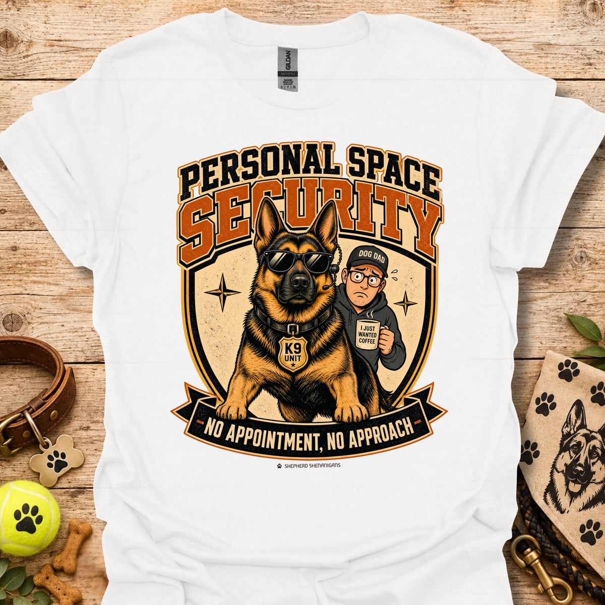 White T-shirt with a security dog and handler graphic and bold lettering.