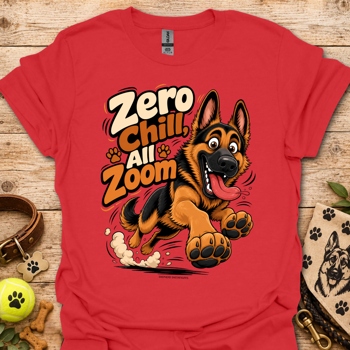 Red crew-neck T-shirt with German shepherd cartoon graphic and paw prints