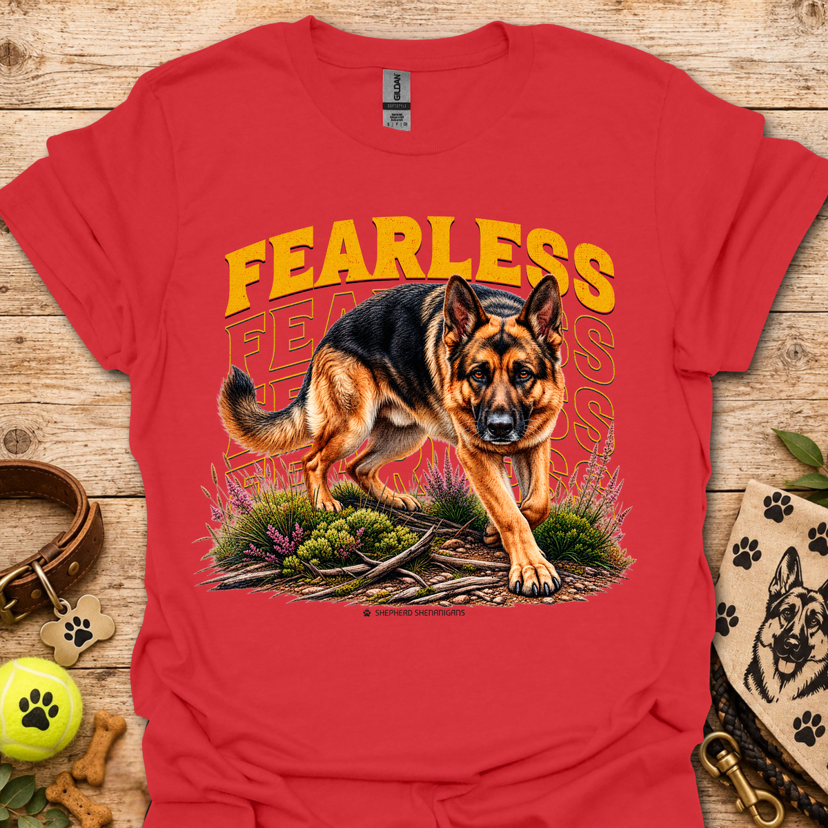 Red Fearless dog graphic T-shirt with bold yellow 'FEARLESS' front print